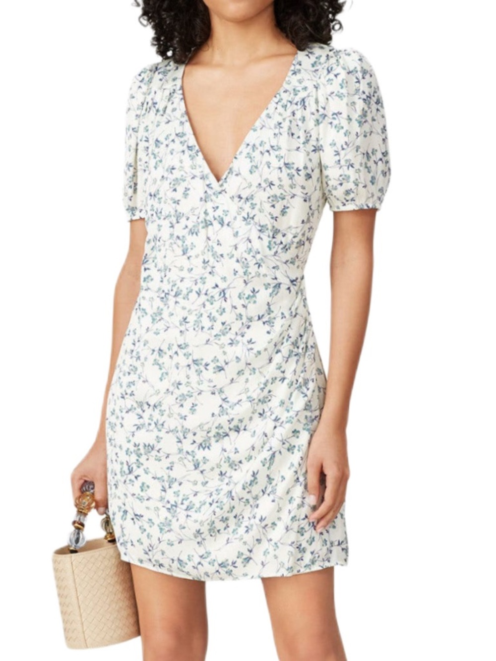 Greylin White & Floral Print Silky Satin Puff Sleeve Mini Dress Size XS